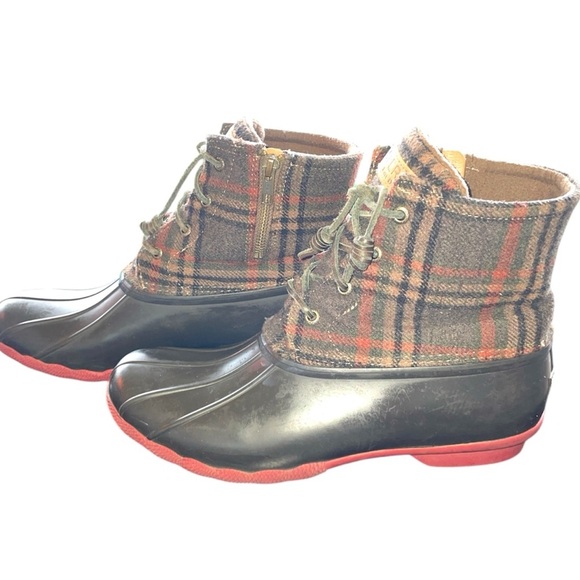 Sperry Waterproof Saltwater Duck Boots Brown Flannel Plaid Ankle Hiker - Picture 3 of 9